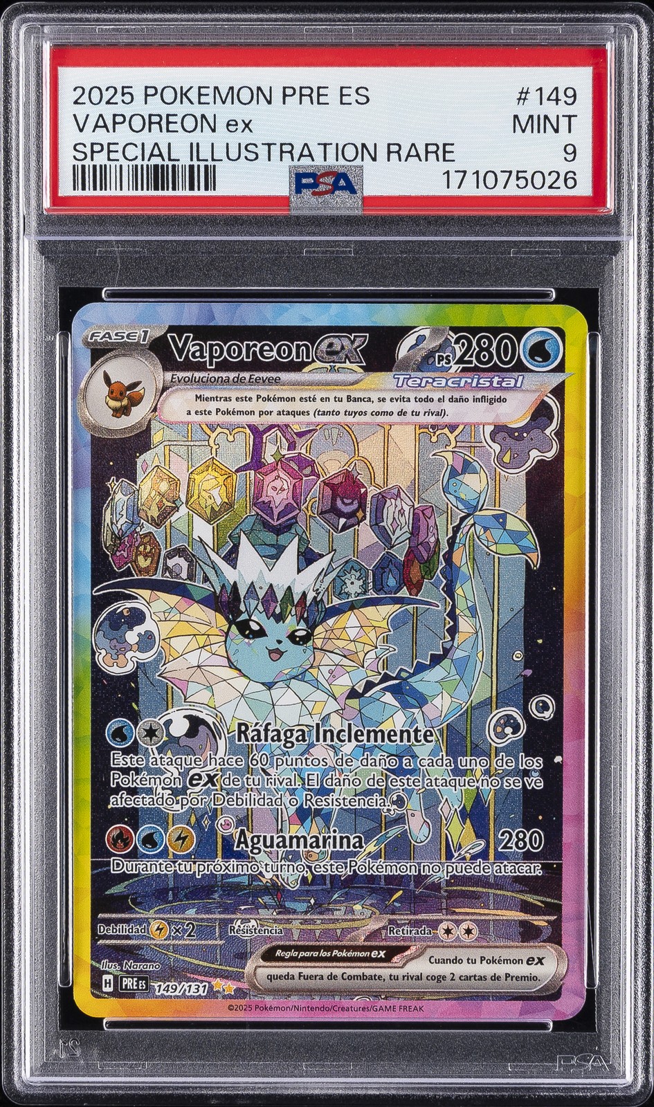 2025 Pokemon Spanish Pre Es-Prismatic Evolutions #149 Vaporeon EX PSA 9