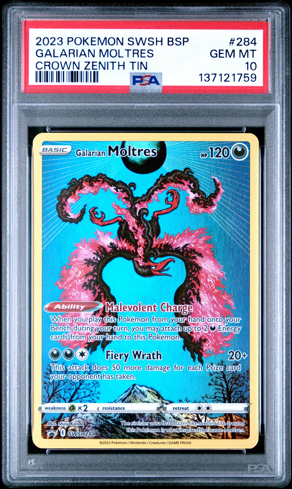 2023 Pokemon Swsh Black Star Promo Crown Zenith Tin #284 Galarian Moltres PSA 10