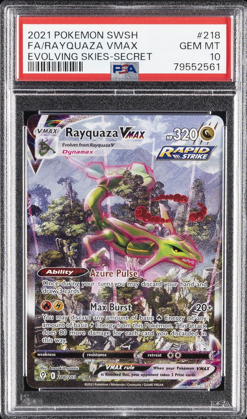 2021 Pokemon Sword & Shield Evolving Skies Secret Full Art/Rayquaza VMAX PSA 10